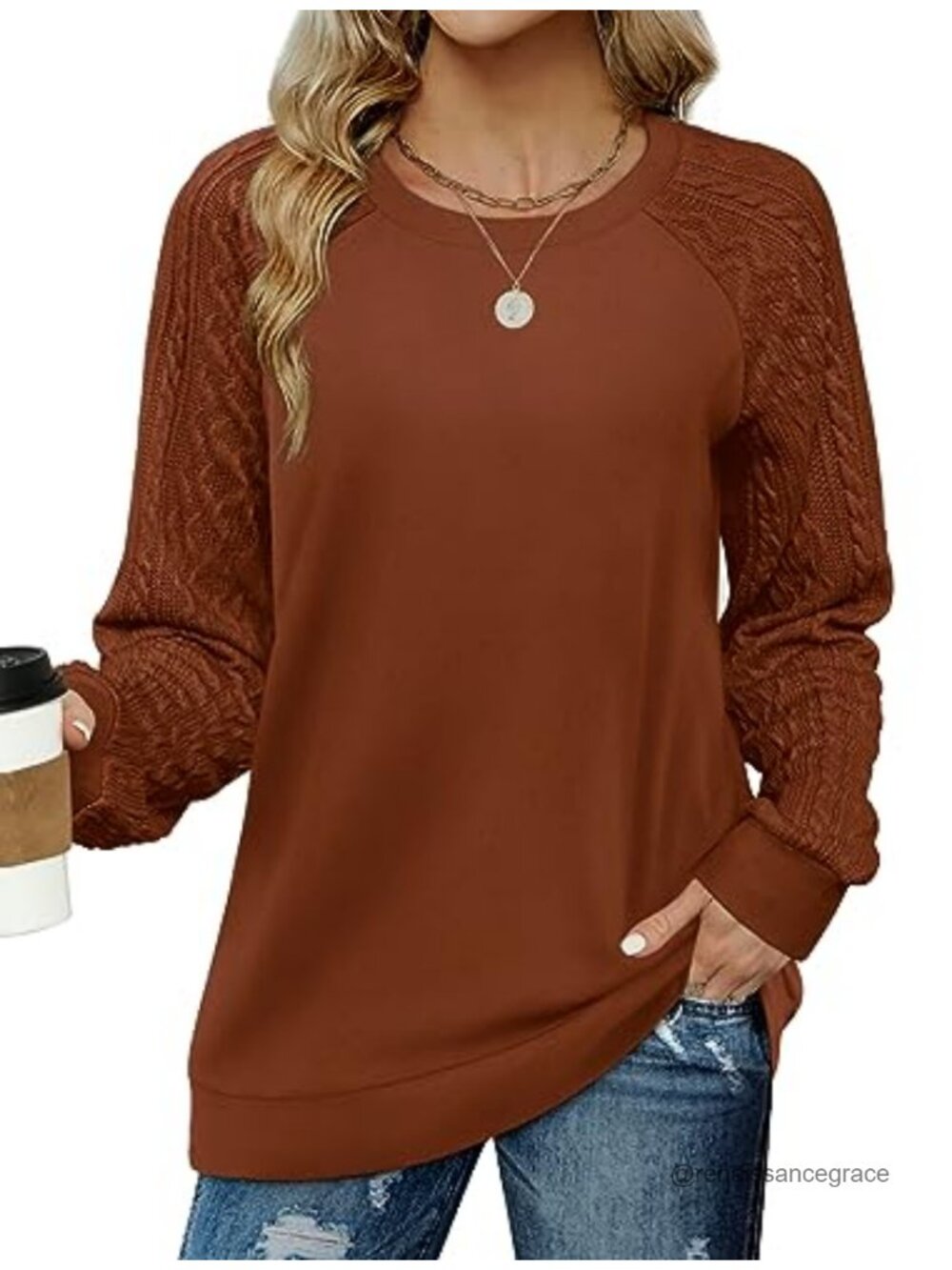 Cable Knit Sleeve Crewneck Sweatshirt Loose Fit Pullover